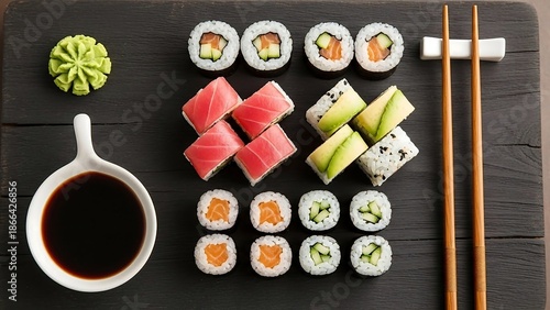 Delicious sushi rolls with chopsticks and soy sauce on wooden board