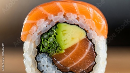 Delicious salmon sushi roll with avocado and wasabi