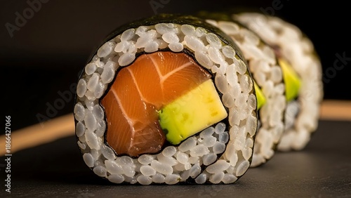 Delicious salmon sushi rolls with avocado and rice