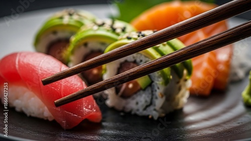 Delicious sushi rolls and sashimi on a plate with chopsticks