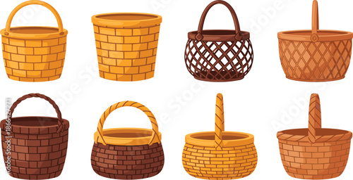 Woven wicker basket icons set, rattan storage hampers with handles, picnic handicraft containers, yellow brown weaving patterns, flat vector, isolated.