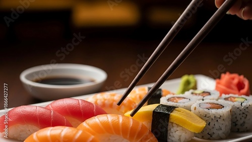Delicious sushi and sashimi on plate with chopsticks