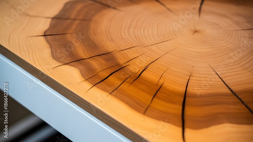 Detailed close up view of a beautiful natural wooden tree trunk cross section with distinct growth rings and visible cracks showcasing organic texture indoors