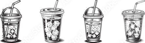 iced drink cup illustration black and white vintage engraving style