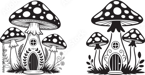 fantasy mushroom houses illustration black and white fairy tale engraving