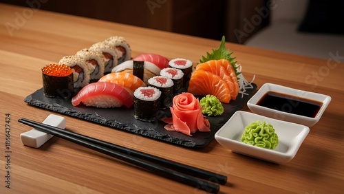 Delicious sushi platter with chopsticks and soy sauce