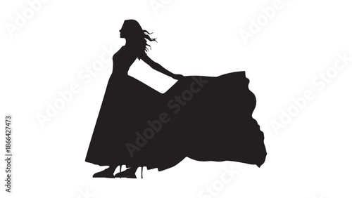 Silhouette of woman in flowing dress dancing Vector, illustration