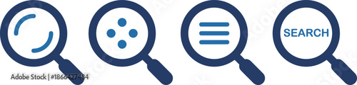 PrintDark blue magnifying glass search icon set with lens flare, four dots, list lines, and text for web interface design.