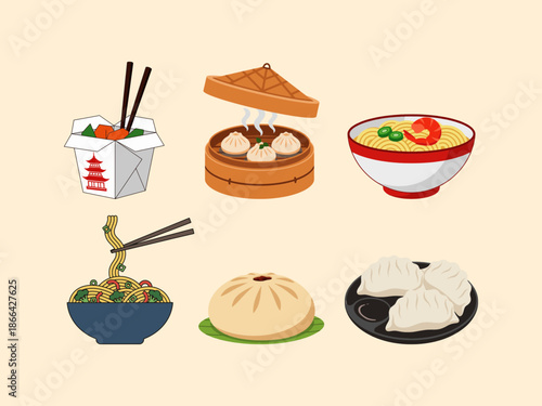 Variety of traditional Asian dumplings and noodles in bowls