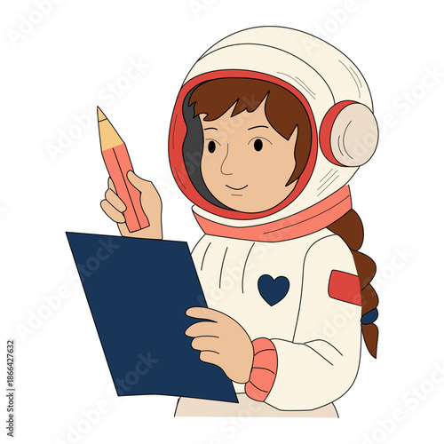 Quadro su tela Vector illustration of a girl astronaut holding a pencil and paper