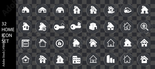 Home and Real Estate Icon Set. White vector housing symbols for mortgage, property, and insurance on transparent background. glass icon set. icon set with glass effect.