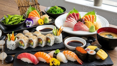 Delicious sushi and sashimi platter with edamame and miso soup