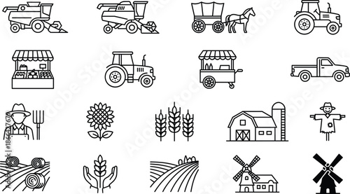 PrintSet of agriculture icons featuring tractors, combine harvesters, farm buildings, windmills, organic wheat, rural landscapes, local market stalls, and farming equipment,