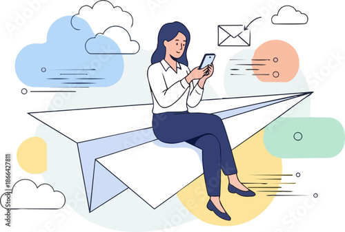 Woman sending messages on paper plane.