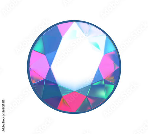 A vibrant 3d rendering illustration of a round faceted gemstone with brilliant cuts and sparkling reflections featuring colorful blue pink and green iridescent colors isolated on a white background