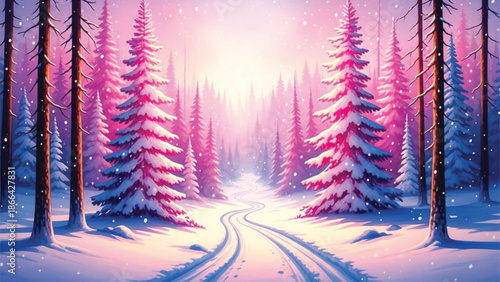 Winter Forest Path with Snowy Pine Trees, Soft Pastel Glow, Magical Christmas Landscape Illustration