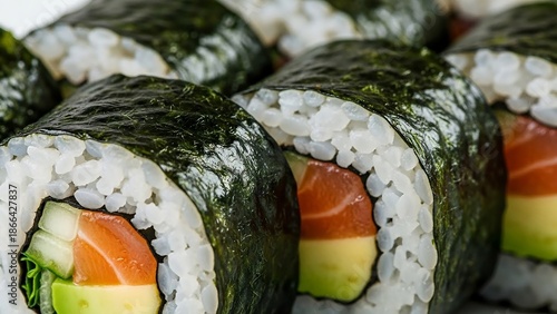 Delicious salmon sushi rolls with avocado and cucumber