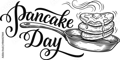 Pancake Day calligraphy lettering with frying pan graphic illustration