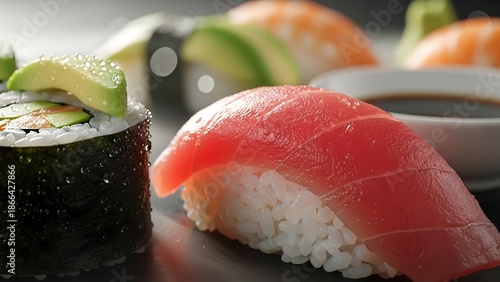 Delicious sushi pieces with fresh ingredients and soy sauce