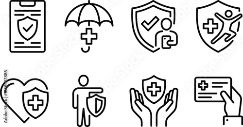 PrintSet of medical insurance icons including health protection symbols, life safety shield, healthcare plan, hospital coverage, patient security, and emergency,