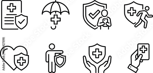 PrintSet of medical insurance icons including health protection symbols, life safety shield, healthcare plan, hospital coverage, patient security, and emergency,