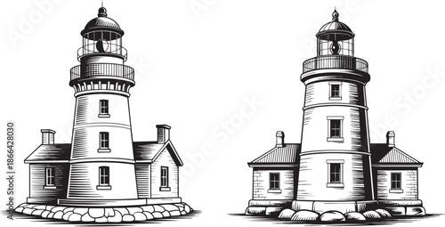 vintage lighthouse engraving black and white coastal vector illustration