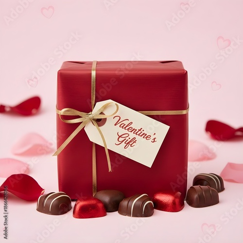 An Image of a valentine's day gift with Rose petals and Chocolates in the fore ground