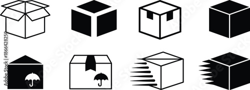 PrintVector set of cardboard box icons for shipping, delivery, logistics, e-commerce packaging, express mail, storage, fragile handling, and distribution services.