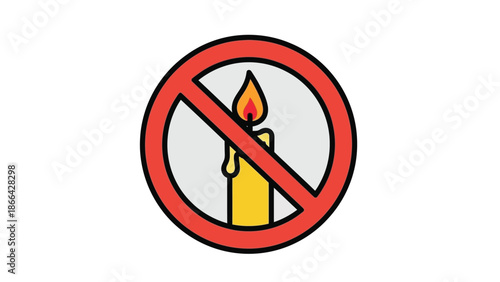Simple graphic design illustrating a universal prohibition sign overlaid on a lit yellow wax candle signifying that open flames are strictly forbidden in this area