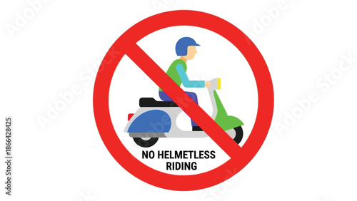 Graphic illustration depicting a prominent international prohibition sign strongly advising against operating a scooter or moped without wearing a protective safety helmet for legal compliance.