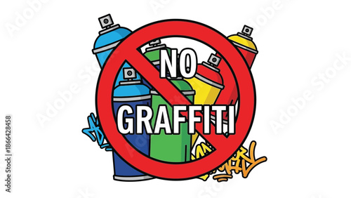 Prohibition sign clearly indicating no aerosol spray paint use against unauthorized street art and vandalism with colorful cans visible underneath the circle.