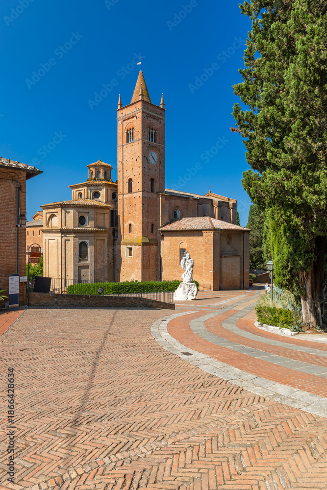 Fototapeta premium Historic Monte Oliveto Maggiore abbey building with bell tower in Tuscany