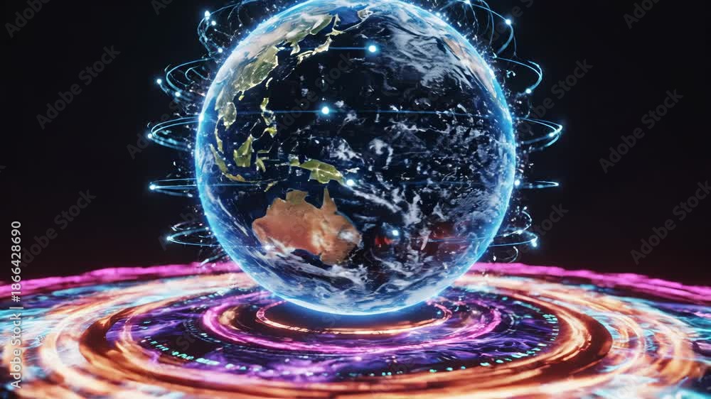 Globe with neon lights and colorful circular patterns on a dark ...