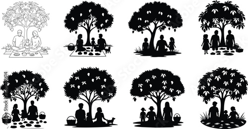 Family picnic silhouette, tree with fruit, parents and child, outdoor bonding, pet dog, picnic basket, nature, food, peaceful scene