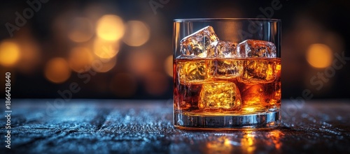 A glass of amber drink with ice on a textured wooden table, illuminated by warm, blurred background lights