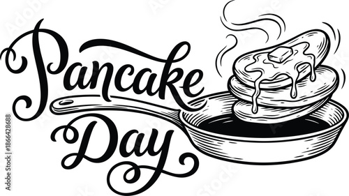 Pancake Day calligraphy lettering with frying pan graphic illustration
