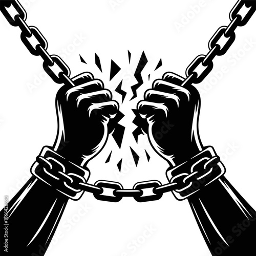 Powerful Vector Illustration of Fists Breaking Chains: Symbolizing Freedom, Liberation, Strength, and Resistance Against Oppression in Black and White Vintage Style