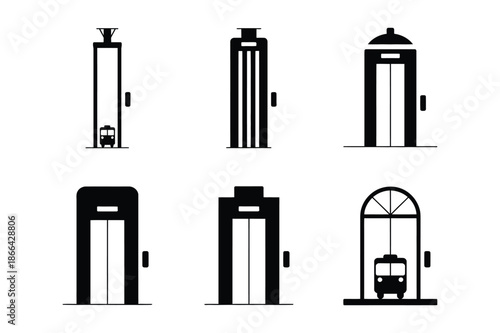Security gate and building entrance silhouette icons
