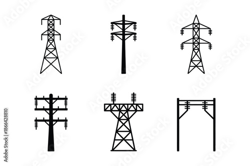 High voltage power line transmission tower icons set