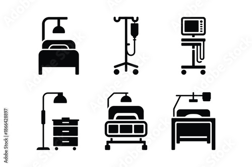 Hospital furniture and medical equipment silhouette icons