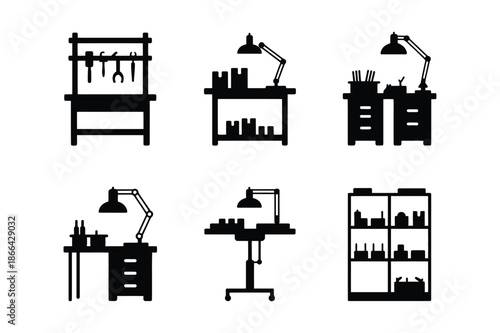 Workshop workbench and industrial storage icons set