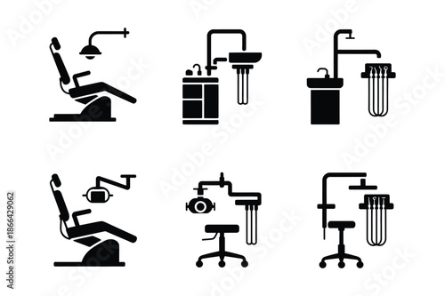 Dental clinic chair and dentistry equipment icons