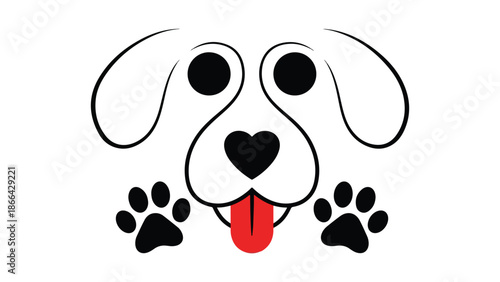 Playful dog face with tongue out and paw prints Vector, illustration