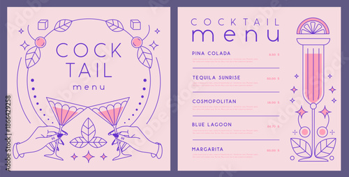 Retro line art restaurant cocktail menu design. Vector illustration
