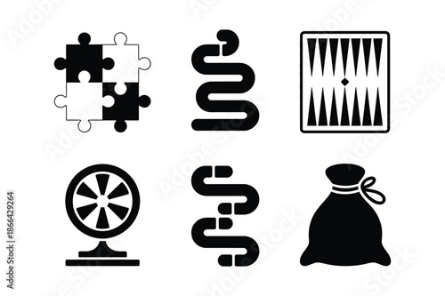 Games, puzzles and hobby items silhouette icons set