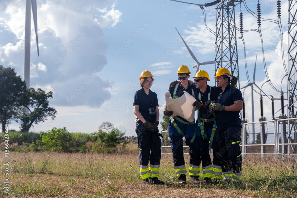 Fototapeta premium Workers handle wind turbine part during maintenance on a windy day in an outdoor energy setup