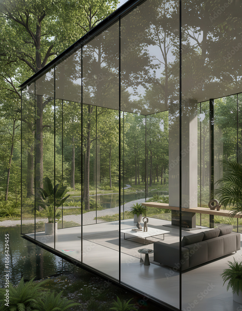 Fototapeta premium Modern Glass Structure Showcasing Forest Views with Contemporary Interior Design Elements