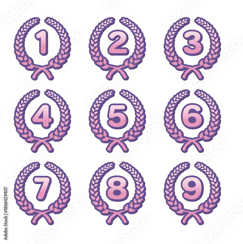 イラスト素材＿月桂樹の数字アイコンセット・飾りフレーム、エンブレム