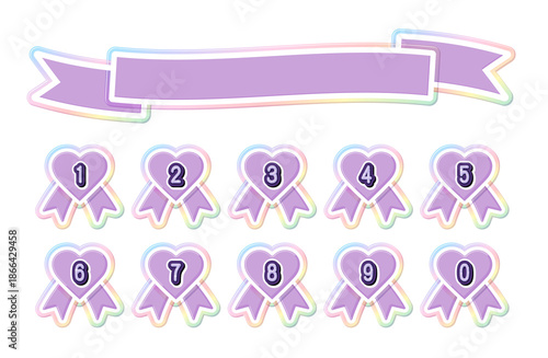イラスト素材・リボンのフレームとハートのメダルセット、数字、
