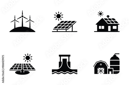 Clean Renewable Energy and Green Power Glyph Icons